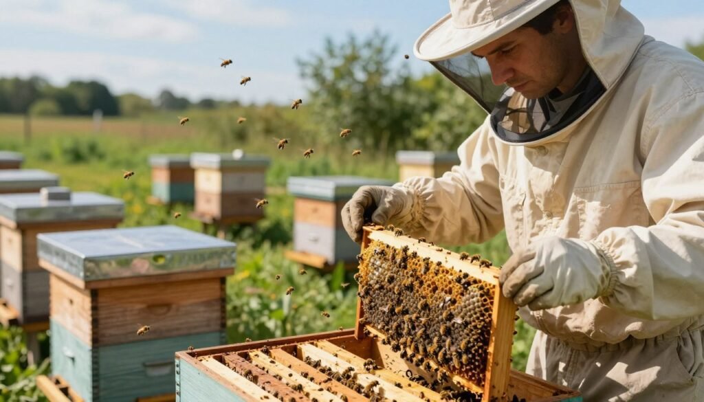 A focused scene of a hive inspection in a serene apiary setting. In the foreground, a professional beekeeper, dressed in a light-colored protective suit, closely examines a frame of bees, looking for signs of disease. Their face shows intense concentration. In the middle ground, several wooden beehives are organized neatly, some with lids partially open. Bees are actively flying around, signaling a vibrant ecosystem. In the background, lush greenery and a bright blue sky create a calming atmosphere. The lighting is warm and natural, depicting a sunny afternoon, with soft shadows cast by the hives. The image captures the important task of monitoring bee health, emphasizing diligence and care in apiary management.