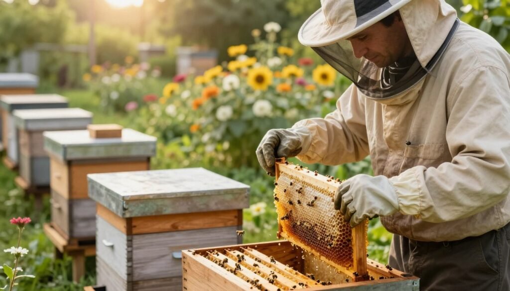 A focused scene of a professional beekeeper in modest casual clothing, carefully managing bee colonies before the installation of package bees. In the foreground, the beekeeper, equipped with protective gloves and a veil, examines a frame of honeycomb dripping with golden honey. The middle ground showcases several wooden hives lined up neatly, with bees buzzing around, indicating an active hive environment. In the background, a vibrant, sunlit garden filled with blooming flowers and green foliage adds to the natural setting. Soft, warm lighting filters through the leaves, creating a serene and productive atmosphere. The composition captures the dedication and care involved in preparing for an essential beekeeping task, inviting viewers to understand the importance of managing bees effectively.