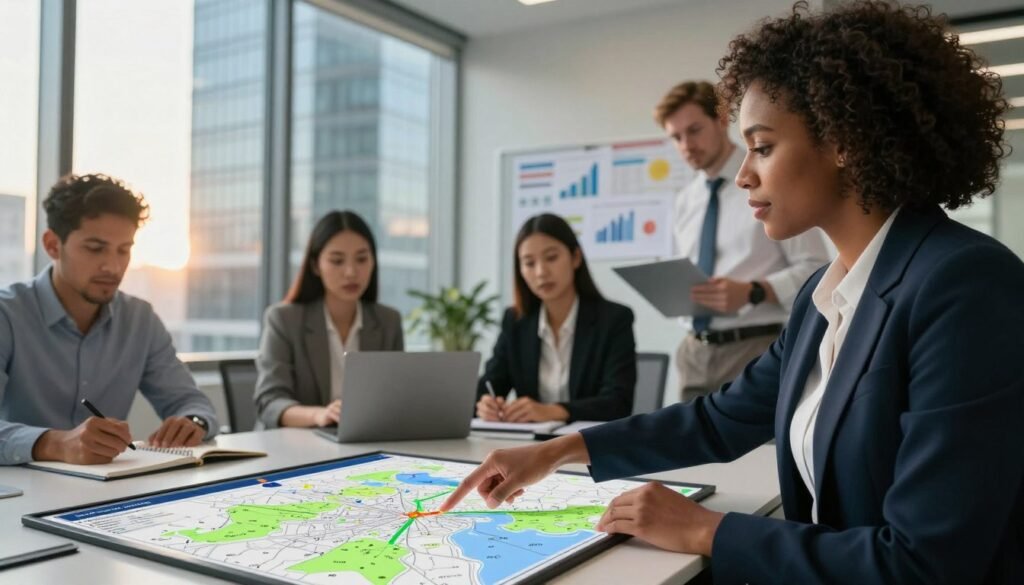 A focused view of a diverse group of professionals in a modern office setting, engaged in a strategic discussion about selecting a host colony. In the foreground, a Black woman in a smart blazer points at a digital map on a conference table, highlighting key areas. The middle ground features a group of three colleagues: a Hispanic man taking notes, an Asian woman analyzing data on a laptop, and a Caucasian man examining charts pinned to a bulletin board. The background showcases a sleek skyscraper view, bathed in warm afternoon light, filtering through large windows. The atmosphere is collaborative and determined, with a mix of urgency and optimism reflected in their expressions. The image captures a moment of crucial decision-making in the realm of banking colony preparation.