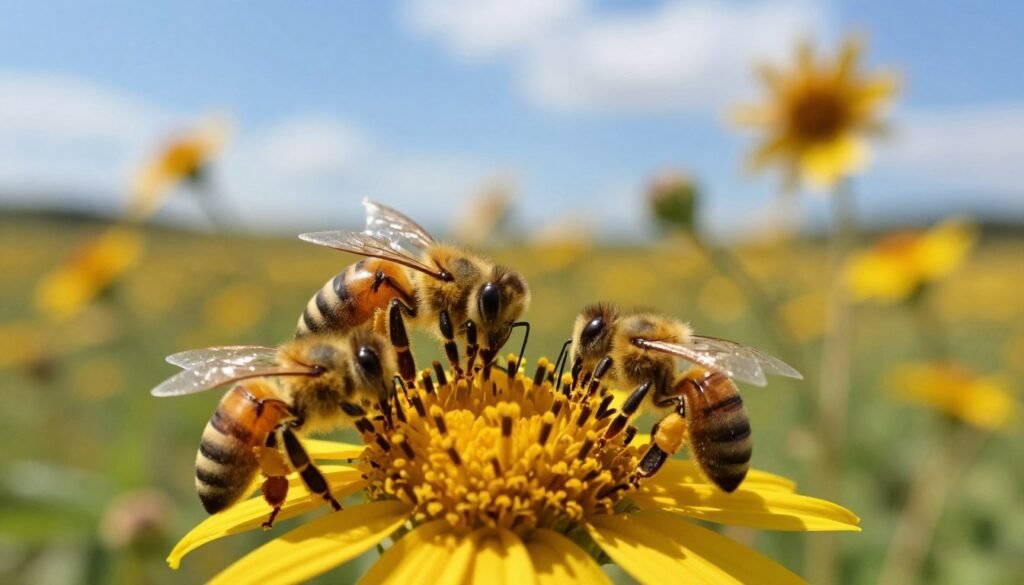 A focused view of dry pollen feeders and bees in their natural habitat, showcasing a swarm of industrious honeybees diligently collecting dry pollen from vibrant, sunlit wildflowers. In the foreground, several bees are clinging to the petals, their fuzzy bodies dusted with golden pollen grains. The middle ground features a soft blur of colorful blossoms, encapsulating the essence of late summer when pollen scarcity begins. In the background, an ethereal landscape of a bright blue sky with wispy clouds enhances the warm atmosphere. The lighting is bright and natural, creating a vibrant yet soft focus effect that highlights the busy activity of the bees. The overall mood is one of tranquility and purpose, embodying the importance of managing colony nutrition during a dearth.