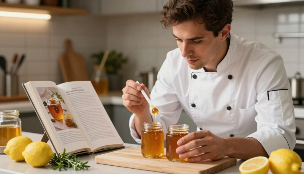 A focused, well-organized kitchen setting where a professional chef, dressed in a white culinary coat and apron, is carefully examining two small jars of honey on a countertop. In the foreground, the chef holds a pH strip next to honey, analyzing its acidity with a thoughtful expression. The middle ground features an open cookbook displaying a recipe that highlights the use of honey in various culinary applications, alongside fresh ingredients like lemons and herbs. The background is softly blurred, showcasing kitchen tools and warm, ambient lighting to create a cozy atmosphere. The scene emphasizes the importance of managing honey's acidity for optimal flavor in cooking, evoking a sense of precision and artisanal quality. A focused, well-organized kitchen setting where a professional chef, dressed in a white culinary coat and apron, is carefully examining two small jars of honey on a countertop. In the foreground, the chef holds a pH strip next to honey, analyzing its acidity with a thoughtful expression. The middle ground features an open cookbook displaying a recipe that highlights the use of honey in various culinary applications, alongside fresh ingredients like lemons and herbs. The background is softly blurred, showcasing kitchen tools and warm, ambient lighting to create a cozy atmosphere. The scene emphasizes the importance of managing honey's acidity for optimal flavor in cooking, evoking a sense of precision and artisanal quality.