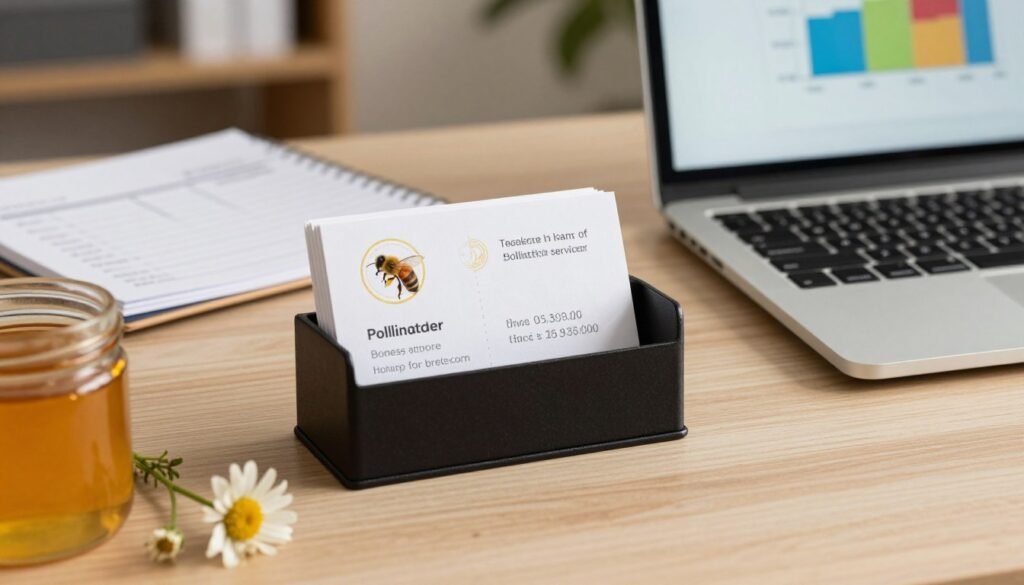A formal desk setup featuring an aesthetically pleasing business card holder filled with elegant business cards, showcasing contact information for pollination services, such as a beekeeper's name, phone number, and email. In the foreground, a small honey jar and a few wildflowers represent the essence of beekeeping. The middle ground should include a notepad with handwritten notes about invoice items, while a laptop, displaying a colorful graph, represents modern business practices. The background should softly blur to suggest a professional office environment with warm, ambient lighting. The overall atmosphere is calm and focused, symbolizing the importance of organization and connection in the beekeeping business.
