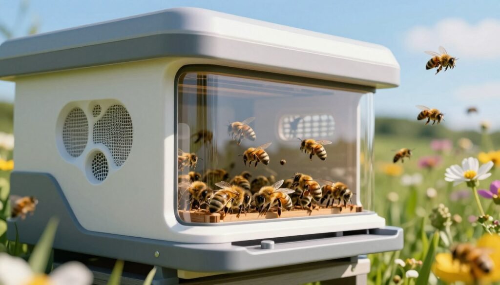 A futuristic bee hive ventilation system designed for optimal airflow, showcasing innovative materials and sleek architecture. In the foreground, a close-up of unique ventilation holes with intricate mesh patterns, blending modern technology with a natural aesthetic. The middle ground features the hive structure itself, with transparent panels revealing busy worker bees inside, emphasizing the integration of nature and innovation. The background features a vibrant landscape filled with flowers, bees buzzing around, under a bright blue sky. Soft, natural lighting illuminates the scene, casting gentle shadows that enhance the hive's contours. Capture the spirit of sustainability and advanced design, suggesting a harmonious coexistence of technology and the environment. The overall atmosphere is hopeful and inspiring, showcasing the future of beekeeping. A futuristic bee hive ventilation system designed for optimal airflow, showcasing innovative materials and sleek architecture. In the foreground, a close-up of unique ventilation holes with intricate mesh patterns, blending modern technology with a natural aesthetic. The middle ground features the hive structure itself, with transparent panels revealing busy worker bees inside, emphasizing the integration of nature and innovation. The background features a vibrant landscape filled with flowers, bees buzzing around, under a bright blue sky. Soft, natural lighting illuminates the scene, casting gentle shadows that enhance the hive's contours. Capture the spirit of sustainability and advanced design, suggesting a harmonious coexistence of technology and the environment. The overall atmosphere is hopeful and inspiring, showcasing the future of beekeeping.