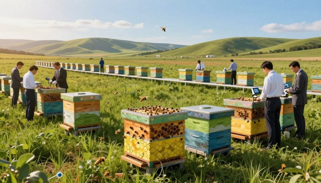 A futuristic landscape showcasing "infrastructure hives" designed for bee pollination. In the foreground, vibrant hives with intricate geometric patterns and hexagonal designs are placed on a sprawling green field. Workers in professional business attire are tending to the hives, equipped with modern tools and technology, illustrating a synergy between nature and machinery. The middle ground features additional hives connected by sleek walkways, while the background reveals rolling hills and a clear blue sky. The scene is illuminated by warm, golden sunlight that emphasizes the buzzing activity of bees entering and exiting the hives. The atmosphere conveys a sense of innovation, productivity, and harmony between agricultural practices and nature.