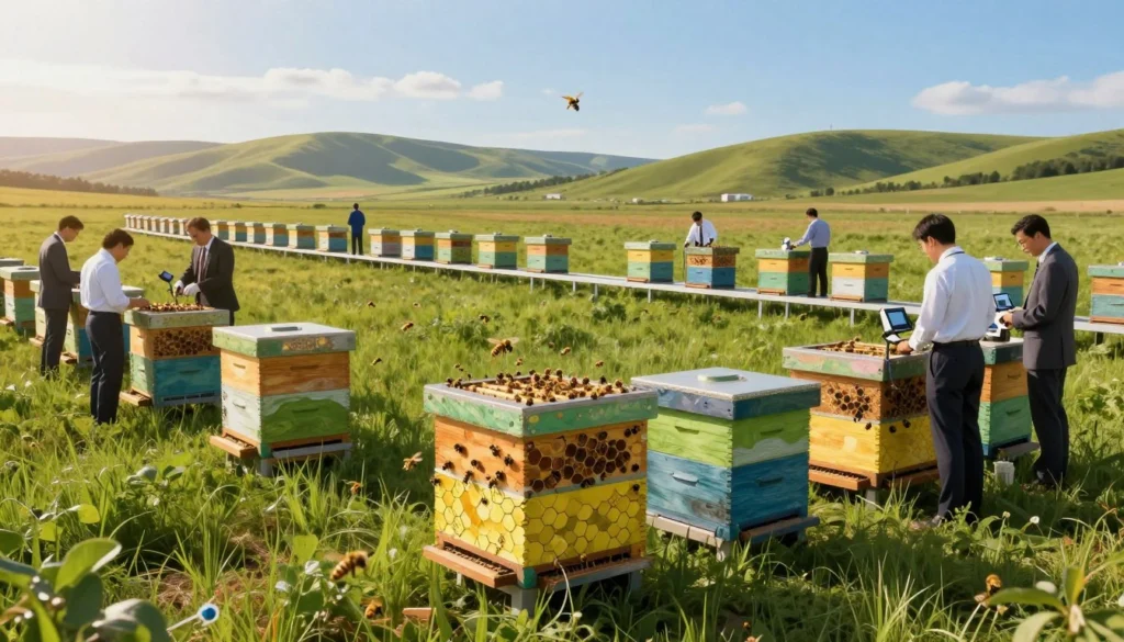 A futuristic landscape showcasing "infrastructure hives" designed for bee pollination
