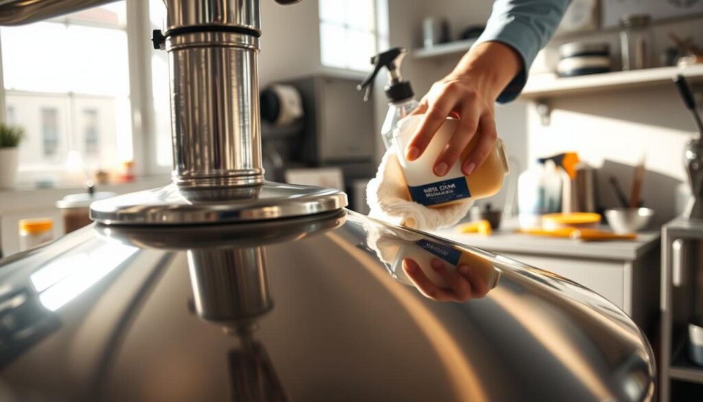 A gleaming stainless steel extractor being meticulously cleaned in a well-lit workspace. In the foreground, a close-up of the extractor's polished surface reflects light, showcasing its shiny texture. The middle ground features a hand in professional attire, holding a soft cloth and a bottle of specialized cleaning solution, carefully wiping the extractor. In the background, various cleaning tools and a neatly organized workspace can be seen, emphasizing cleanliness and order. Soft, natural lighting streams in from a nearby window, casting gentle shadows that enhance the detail of the scene. The atmosphere conveys a sense of professionalism and dedication to best practices in equipment maintenance, with a focus on the importance of keeping tools in pristine condition. A gleaming stainless steel extractor being meticulously cleaned in a well-lit workspace. In the foreground, a close-up of the extractor's polished surface reflects light, showcasing its shiny texture. The middle ground features a hand in professional attire, holding a soft cloth and a bottle of specialized cleaning solution, carefully wiping the extractor. In the background, various cleaning tools and a neatly organized workspace can be seen, emphasizing cleanliness and order. Soft, natural lighting streams in from a nearby window, casting gentle shadows that enhance the detail of the scene. The atmosphere conveys a sense of professionalism and dedication to best practices in equipment maintenance, with a focus on the importance of keeping tools in pristine condition.