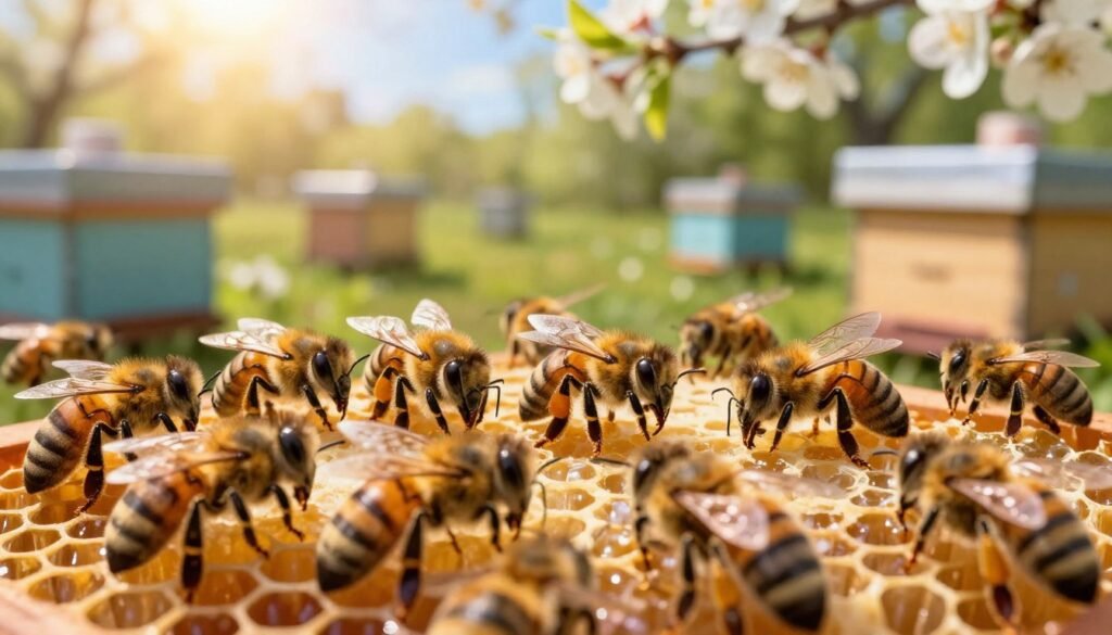 A group of vibrant queen bees marked with international color codes, each displaying a different color in bright, clear detail to represent their respective years. In the foreground, a close-up view showcases the bees on a honeycomb, capturing their unique markings and intricate details of their bodies. The middle ground features several hives and blooming flowers, enhancing the setting of a busy bee habitat. In the background, soft-focus green foliage and a blue sky create a serene atmosphere, illuminated by warm, golden sunlight filtering through the leaves. The overall mood is informative and lively, emphasizing the importance of proper bee marking while celebrating their role in nature.