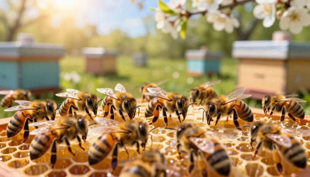 A group of vibrant queen bees marked with international color codes, each displaying a different color in bright, clear