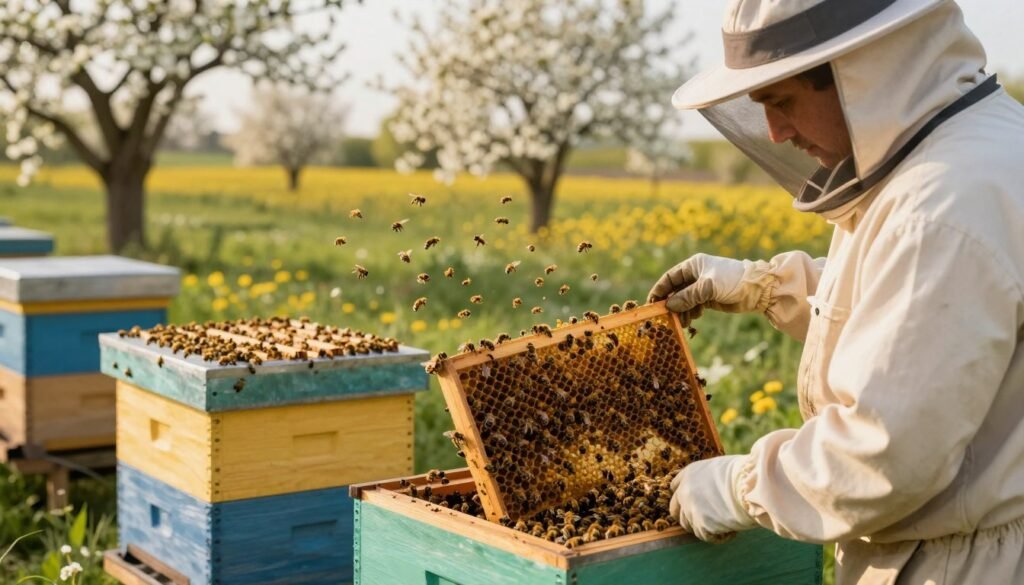 A harmonious apiary scene illustrating the concept of "balancing mite control" with colony health. In the foreground, a beekeeper in professional attire carefully inspects a hive, focusing on healthy bees and mite control measures. The middle layer features vibrant bee colonies, showcasing bees actively foraging and pollen gathering around the hives. In the background, a serene landscape of blooming flowers and trees is visible, under soft, warm afternoon sunlight that casts gentle shadows, enhancing the tranquil atmosphere. The lens perspective is slightly tilted to capture both the beekeeper's action and the buzzing activity of the bees, creating a sense of balance between mite control and the flourishing colony environment. The mood is one of diligence and care, celebrating the relationship between beekeeper and bees.