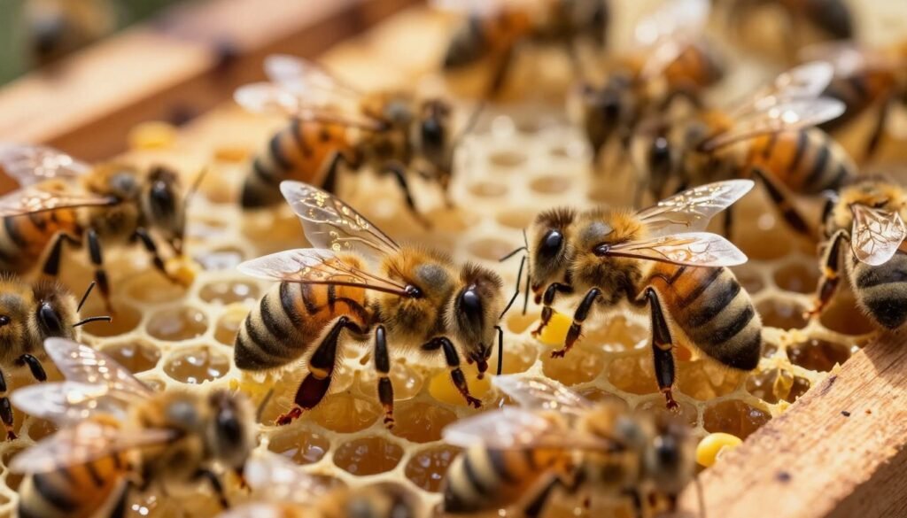 A harmonious, detailed scene of two queen bees in a bustling beehive, showcasing their coexistence. In the foreground, one queen, slightly larger, is surrounded by worker bees tending to her, adorned with delicate golden patterns on her wings. The second queen is nearby, equally majestic, with a different coloration, exuding a calm demeanor. In the middle ground, honeycomb cells filled with honey and pollen, surrounded by industrious bees, creating a vibrant atmosphere of activity. In the background, soft golden light filters through the hive, illuminating the intricate wood textures and bee anatomy, casting gentle shadows. The mood is peaceful yet dynamic, capturing the essence of collaboration and community within the hive. Use a close-up perspective for an intimate view, with soft focus on the background to enhance the depth.