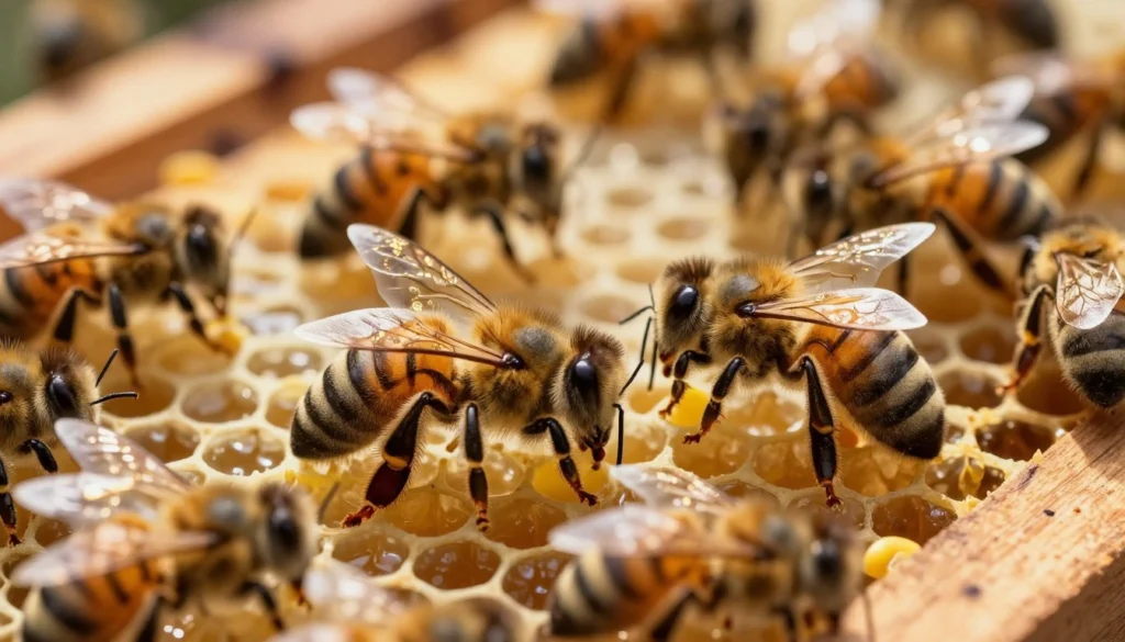 A harmonious, detailed scene of two queen bees in a bustling beehive, showcasing their coexistence. In the foreground, one queen, slightly larger, is surrounded by worker bees tending to her, adorned with delicate golden patterns on her wings. The second queen is nearby, equally majestic, with a different coloration, exuding a calm demeanor. In the middle ground, honeycomb cells filled with honey and pollen, surrounded by industrious bees, creating a vibrant atmosphere of activity. In the background, soft golden light filters through the hive, illuminating the intricate wood textures and bee anatomy, casting gentle shadows. The mood is peaceful yet dynamic, capturing the essence of collaboration and community within the hive. Use a close-up perspective for an intimate view, with soft focus on the background to enhance the depth. A harmonious, detailed scene of two queen bees in a bustling beehive, showcasing their coexistence