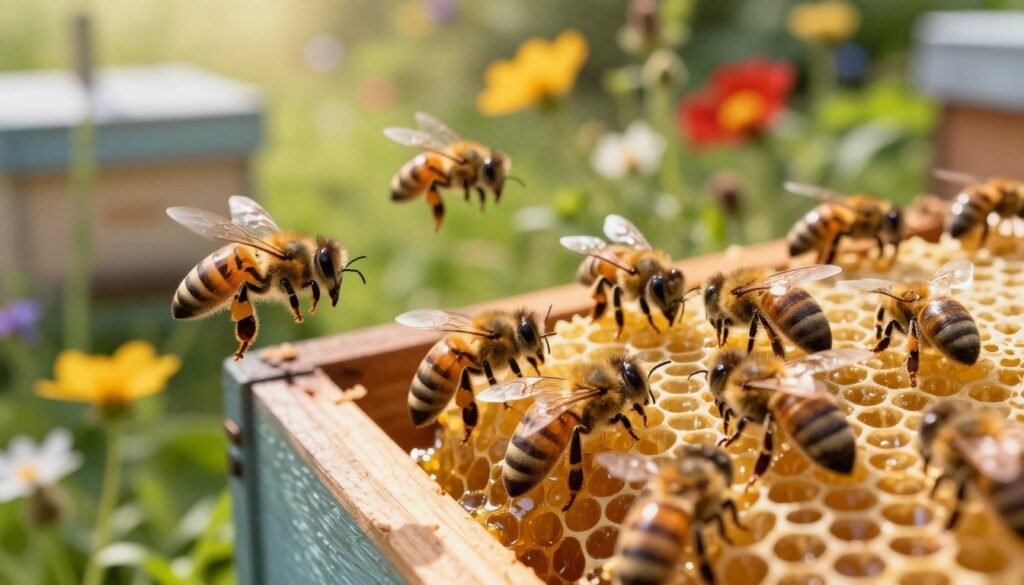 A harmonious, vibrant bee colony at the height of productivity, showcasing bees working diligently around a honeycomb filled with golden honey. In the foreground, several bees are in flight, displaying their delicate wings and intricate patterns, while a few rest on the honeycomb, their bodies glistening with honey. The middle ground features a wooden beehive set in a lush, green garden teeming with colorful wildflowers, creating a lively backdrop. Gentle sunlight filters through the leaves, casting a warm, inviting glow over the scene, while soft shadows add depth. The atmosphere is one of collaboration and abundance, highlighting the essential relationship between bees and their environment. Capture this tranquil moment with a shallow depth of field, focusing on the bees and honeycomb, allowing the background to subtly blur, enhancing the intimate connection between nature and the work of beekeepers. A harmonious, vibrant bee colony at the height of productivity, showcasing bees working diligently around a honeycomb filled with golden honey. In the foreground, several bees are in flight, displaying their delicate wings and intricate patterns, while a few rest on the honeycomb, their bodies glistening with honey. The middle ground features a wooden beehive set in a lush, green garden teeming with colorful wildflowers, creating a lively backdrop. Gentle sunlight filters through the leaves, casting a warm, inviting glow over the scene, while soft shadows add depth. The atmosphere is one of collaboration and abundance, highlighting the essential relationship between bees and their environment. Capture this tranquil moment with a shallow depth of field, focusing on the bees and honeycomb, allowing the background to subtly blur, enhancing the intimate connection between nature and the work of beekeepers.