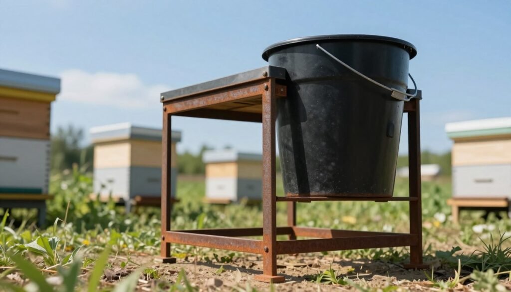 A heavy-duty metal stand designed for beekeeping, featuring a sturdy, rust-resistant frame with a sleek, industrial look. In the foreground, a large black bucket is securely mounted on the stand, showcasing its practical use for an anti-ant moat. In the middle ground, the stand is surrounded by greenery, symbolizing its outdoor application in apiaries. The background features a clear blue sky, emphasizing a sunny day which casts soft, natural lighting onto the scene, creating gentle shadows on the ground. The image should be captured at a slight low angle to enhance the presence and durability of the stand, while maintaining a professional and informative atmosphere suited for beekeeping enthusiasts.