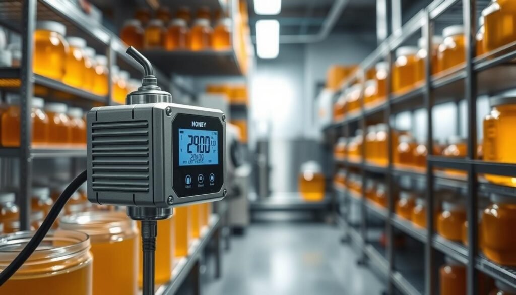 A high-precision humidity sensor prominently displayed in a modern honey processing room. In the foreground, a sleek, metallic sensor device with digital displays, gently illuminated by soft, diffused lighting that highlights its intricate details. The middle ground features glass containers filled with honey, showcasing their golden hues, with a backdrop of stainless steel shelves stocked with honey jars and equipment. The atmosphere conveys a clean, sterile environment essential for preserving honey quality. Use a shallow depth of field to focus on the sensor, allowing the background to softly blur, creating a professional and high-tech ambiance, ideal for specialized storage conditions.