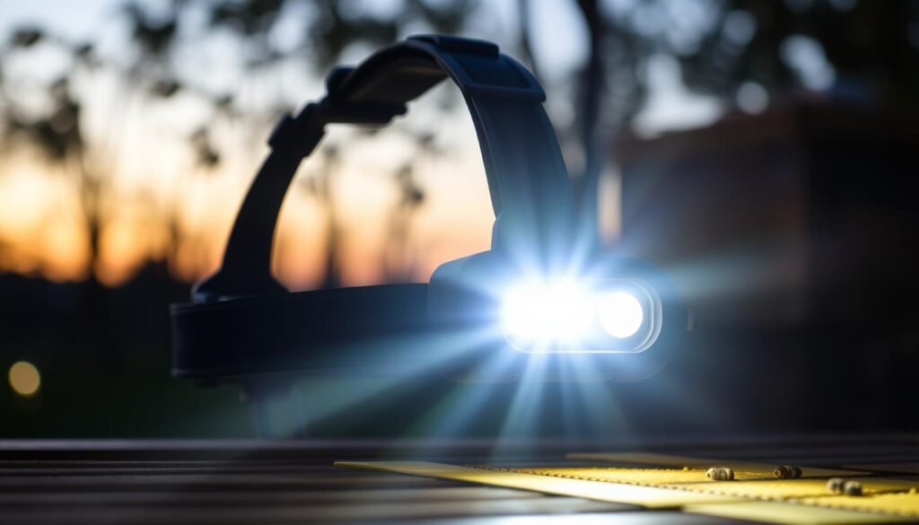 A high-quality, detailed image of a rechargeable headlamp designed for field use, prominently displayed in the foreground. The headlamp should feature a sleek, ergonomic design with adjustable straps, showcasing a bright LED light with a visible beam illuminating an area, highlighting its practical application for low-light conditions. In the middle ground, include a natural outdoor setting, such as a dimly lit forest or a hive inspection area, enhancing the context. The background should be slightly blurred to emphasize the headlamp, with gentle, natural colors suggesting dusk or twilight to create a serene atmosphere. The lighting should focus on the headlamp, casting soft shadows that convey its functionality. The overall mood should be practical and inviting, inspiring confidence in the effectiveness of rechargeable headlamps for outdoor use.