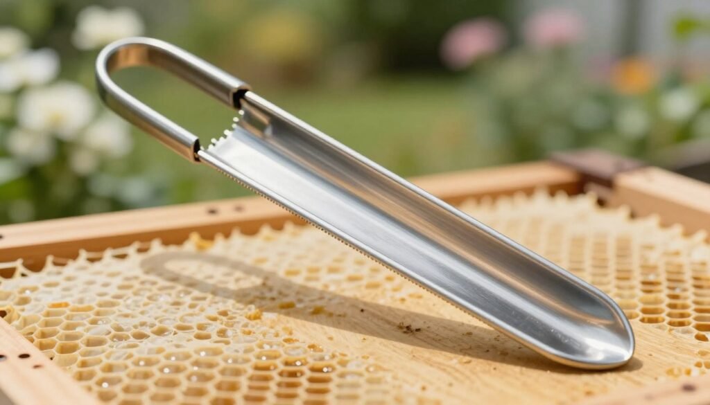 A high-quality image featuring a steel hive tool, placed prominently in the foreground, showcasing its shiny, polished surface that reflects light. The tool is angled at a 45-degree perspective, revealing its sturdy design with a serrated edge. In the middle ground, include a faint outline of a honeycomb structure, subtly hinting at beekeeping without overpowering the tool. The background showcases a blurred garden scene with flowering plants, creating a soft and natural atmosphere. The lighting is bright and clear, simulating soft sunlight filtering through leaves, casting gentle shadows on the tool. The overall mood conveys a sense of precision and care associated with beekeeping practices, suitable for evaluating risks related to sterilization methods.