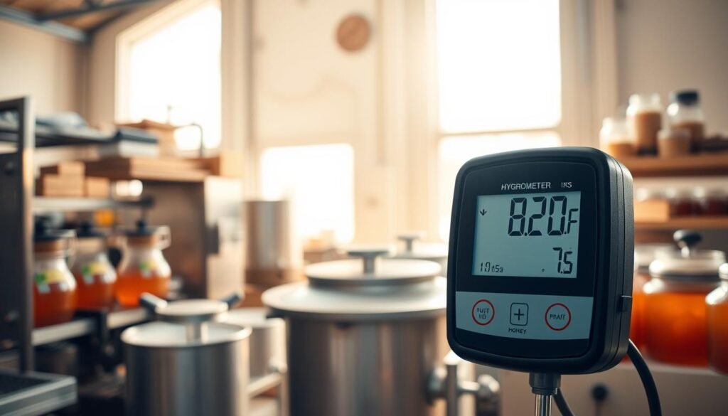 A high-quality image of a modern data logging hygrometer prominently displayed in a well-lit honey processing room. In the foreground, the hygrometer features a sleek design with a digital display, showing real-time temperature and humidity readings. The middle ground shows honey processing equipment and jars, indicating an active workspace. In the background, soft natural light filters through large windows, illuminating the room and creating a warm, inviting atmosphere. The scene conveys a sense of reliability and precision, perfect for those seeking to maintain optimal conditions for honey processing. The angle focuses on the hygrometer, capturing its details clearly while providing context of the surrounding environment.