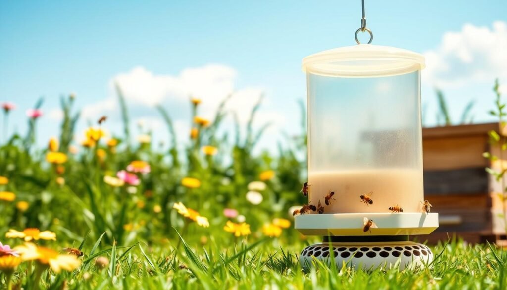 A high-quality image of an efficient top feeder designed for large bee colonies, set in a sunny garden environment during a bright day. In the foreground, showcase the top feeder with intricate details such as its removable lid, feeding holes, and a honeycomb-patterned base. Surround it with vibrant flowers and bees actively collecting nectar, emphasizing the feeder's role in supporting a thriving bee population. The middle ground should feature green grass and a wooden hive nearby, giving context to the scene. In the background, add a clear blue sky with a few fluffy clouds to convey an uplifting mood. Use natural lighting to enhance the colors and create a warm atmosphere, capturing the essence of beekeeping.