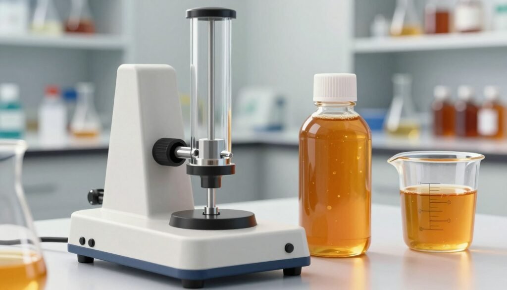A high-quality, realistic illustration of a refractometer, prominently placed in the foreground with clear glass optics highlighting its complex internal components. The middle ground features a vial of honey with varying shades of amber, reflecting natural light, alongside a measuring cup filled with honey, emphasizing its viscosity. In the background, a blurred laboratory setting with soft bokeh effect, conveying a scientific atmosphere, includes shelves filled with glassware and honey samples. The lighting is bright and inviting, simulating a lab environment. The angle captures the refractometer's front view, showcasing its scale and measurement dial, creating a sense of precision. The overall mood is professional and educational, ideal for showcasing essential tools in honey moisture analysis.