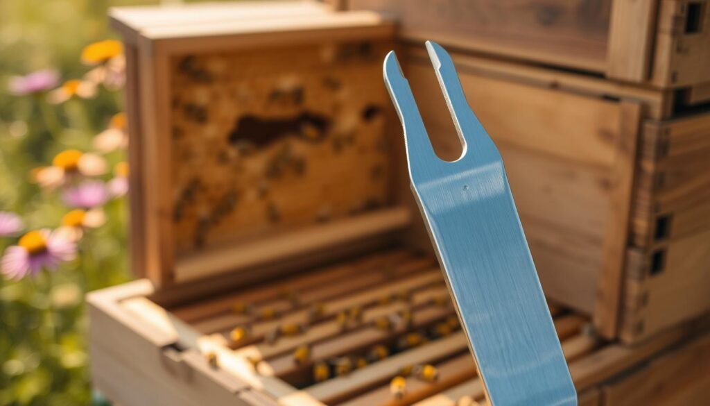 A high-quality stainless steel hive tool is displayed prominently in the foreground, showcasing its shiny surface and ergonomic design. The tool is slightly angled to highlight its flat and curved ends, emphasizing its functionality for extracting propolis. In the middle ground, a partially opened wooden beehive reveals honeycomb frames with traces of propolis, conveying the tool’s purpose in managing propolis-heavy colonies. The background features a soft-focus garden setting with vibrant wildflowers, suggesting a healthy bee environment. The lighting is warm and natural, reminiscent of late afternoon sun, casting gentle shadows that accentuate the tool's sleek design. Capture the mood of a serene, productive day in the apiary, inviting viewers to appreciate the essential equipment of beekeeping. A high-quality stainless steel hive tool is displayed prominently in the foreground, showcasing its shiny surface and ergonomic design. The tool is slightly angled to highlight its flat and curved ends, emphasizing its functionality for extracting propolis. In the middle ground, a partially opened wooden beehive reveals honeycomb frames with traces of propolis, conveying the tool’s purpose in managing propolis-heavy colonies. The background features a soft-focus garden setting with vibrant wildflowers, suggesting a healthy bee environment. The lighting is warm and natural, reminiscent of late afternoon sun, casting gentle shadows that accentuate the tool's sleek design. Capture the mood of a serene, productive day in the apiary, inviting viewers to appreciate the essential equipment of beekeeping.