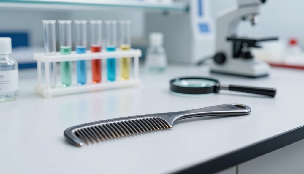 A high-resolution image of a comb strategically placed on a pristine, white laboratory countertop. The foreground features a sleek, well-lit comb, showcasing its teeth and ergonomic design, with a slight shimmer reflecting the soft overhead LED lights. In the middle ground, a blurred arrangement of test tubes filled with colorful liquids and a magnifying glass beside them. The background is a sterile laboratory setting with soft-focus shelves lined with various scientific equipment. The lighting creates a bright, clinical atmosphere, suggesting precision and cleanliness. The overall mood is one of professionalism and caution, emphasizing the careful analysis of chemical residue risks. The angle should be slightly above eye level, capturing the entire scene in a cohesive, appealing way.