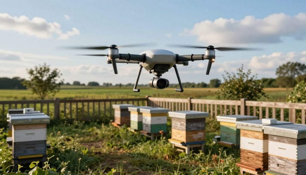A high-tech drone hive placement scene set in a modern apiary. In the foreground, a sleek drone hovers above meticulously arranged hives, equipped with sensors and cameras for precision monitoring. The middle ground showcases several well-spaced beehives with a wooden fence and lush greenery around them, indicating a healthy environment. In the background, a clear blue sky with soft clouds enhances the serene atmosphere, while gentle sunlight casts warm tones over the scene. The angle captures a slight bird’s eye view, emphasizing the technology integrated into beekeeping. The overall mood is one of innovation and harmony with nature, portraying the blend of nature and technology. A high-tech drone hive placement scene set in a modern apiary. In the foreground, a sleek drone hovers above meticulously arranged hives, equipped with sensors and cameras for precision monitoring. The middle ground showcases several well-spaced beehives with a wooden fence and lush greenery around them, indicating a healthy environment. In the background, a clear blue sky with soft clouds enhances the serene atmosphere, while gentle sunlight casts warm tones over the scene. The angle captures a slight bird’s eye view, emphasizing the technology integrated into beekeeping. The overall mood is one of innovation and harmony with nature, portraying the blend of nature and technology.