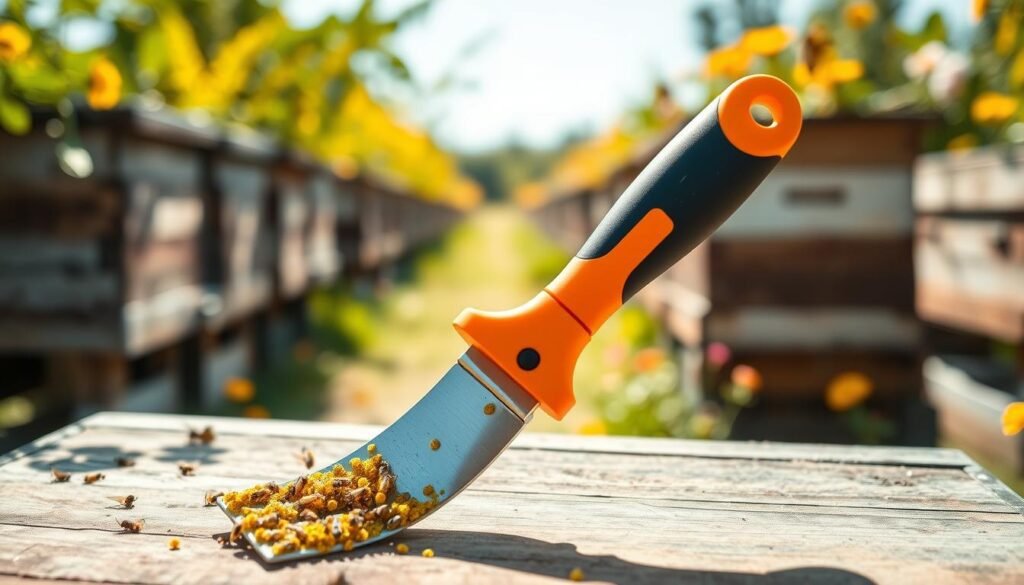 A high-visibility hive tool designed for beekeeping, prominently displayed in the foreground, showcasing its brightly colored handle and reflective safety features. The tool is positioned on a wooden bee box, with glistening propolis residue highlighting its functionality. In the middle ground, a blurred background of a sunny apiary, filled with bee boxes and vibrant flowers, creates a lively atmosphere. Soft daylight illuminates the scene, casting gentle shadows that emphasize the tool's features. The focus is tight on the tool, showcasing its ergonomic design, while the rest of the scene subtly blends into soft bokeh, evoking a sense of efficiency and safety in beekeeping. A high-visibility hive tool designed for beekeeping, prominently displayed in the foreground, showcasing its brightly colored handle and reflective safety features. The tool is positioned on a wooden bee box, with glistening propolis residue highlighting its functionality. In the middle ground, a blurred background of a sunny apiary, filled with bee boxes and vibrant flowers, creates a lively atmosphere. Soft daylight illuminates the scene, casting gentle shadows that emphasize the tool's features. The focus is tight on the tool, showcasing its ergonomic design, while the rest of the scene subtly blends into soft bokeh, evoking a sense of efficiency and safety in beekeeping.