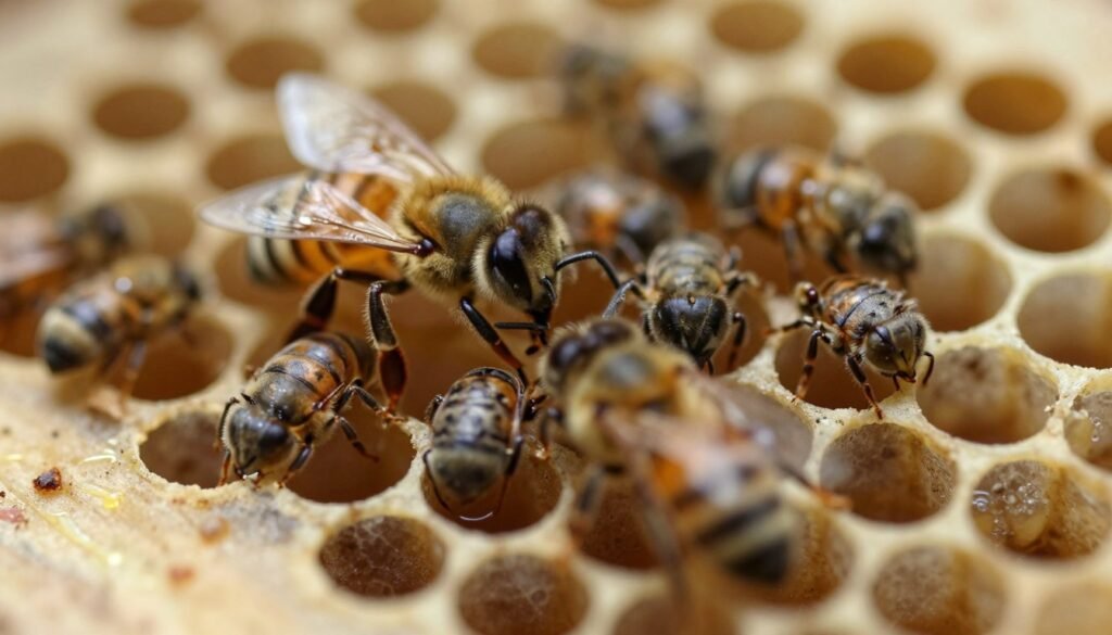 A highly detailed and close-up view of varroa mites on bee larvae, showcasing their distinctive oval shape and short legs, magnified to highlight their features. The foreground captures the mites in sharp focus, displaying textures and fine details of their bodies as they cling to the distressed larvae. In the middle ground, uncapped beehive cells reveal dead larvae, surrounded by a slightly blurred background of honeycomb structure, emphasizing the hive environment. Soft, natural lighting simulates an indoor beehive setting, casting gentle shadows that enhance the mood of decay and urgency. The angle is slightly tilted to create depth, inviting viewers to explore the critical role of these parasites in hive collapse.