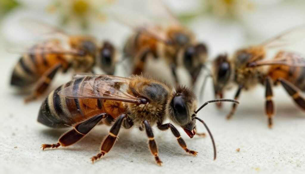A highly detailed and magnified image of a varroa destructor mite, showcasing its distinctive oval shape, numerous tiny hairs, and mouthparts. The mite should be depicted in the foreground, emphasizing its intricate biological features, including the texture of its exoskeleton and its dark brown coloration. In the middle ground, illustrate bees in distress, with muted tones to highlight their weakened state after being affected by the mite. The background should feature soft focus floral elements, suggesting a natural environment. Use a soft, diffused lighting to create a clinical yet slightly ominous atmosphere, with a macro lens angle to enhance the mite's details, making it the focal point of the composition.