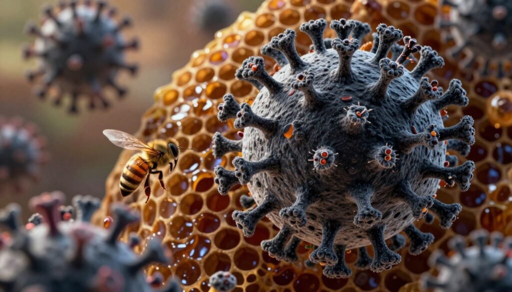 A highly detailed and scientifically accurate illustration of a black queen cell virus, depicted as a large, intricate structure resembling a queen bee. In the foreground, vivid representations of virus particles with spiky projections, capturing the essence of a viral infection. The middle ground features uncapped honey cells, showcasing the moist environment where the virus thrives, surrounded by rich, dark honey textures. The background is softly blurred to emphasize the virus and cells, using natural lighting that highlights the sheen of the honey and the distinct textures of the wax cells. The overall mood is serious and educational, invoking a sense of urgency within the context of bee health and breeding operations. A highly detailed and scientifically accurate illustration of a black queen cell virus, depicted as a large, intricate structure resembling a queen bee. In the foreground, vivid representations of virus particles with spiky projections, capturing the essence of a viral infection. The middle ground features uncapped honey cells, showcasing the moist environment where the virus thrives, surrounded by rich, dark honey textures. The background is softly blurred to emphasize the virus and cells, using natural lighting that highlights the sheen of the honey and the distinct textures of the wax cells. The overall mood is serious and educational, invoking a sense of urgency within the context of bee health and breeding operations.