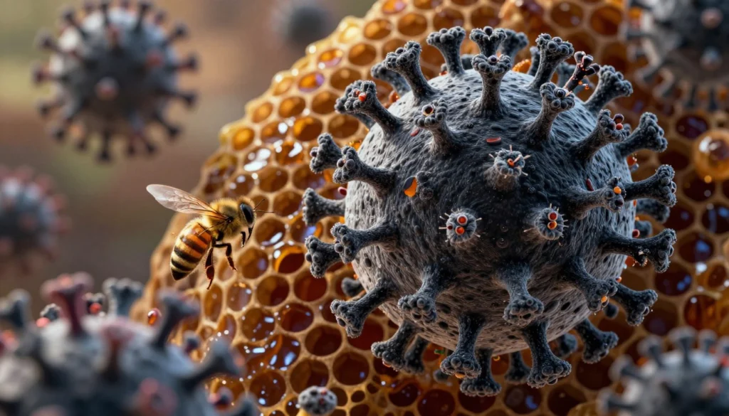 And scientifically accurate illustration of a black queen cell virus, depicted as a large, intricate