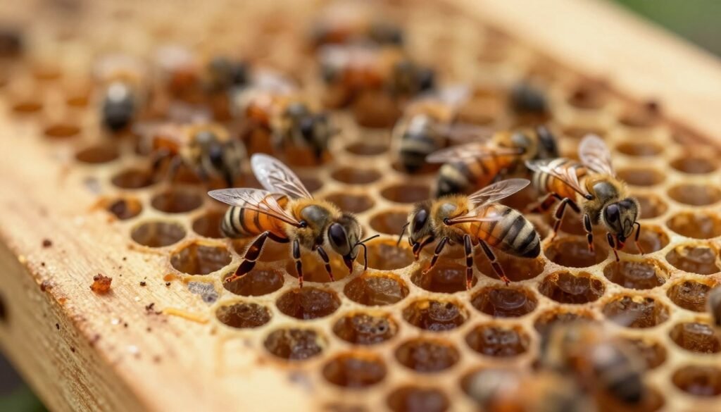 A highly detailed close-up illustration of varroa mites nestled within capped brood cells in a honeycomb frame. In the foreground, the varroa mites, depicted in striking detail with their eight legs and distinctive oval shape, are shown crawling on the surface of a sealed brood, surrounded by the soft, waxy texture of the honeycomb. In the middle ground, various stages of bee larvae can be seen, half-visible through the translucent capped cells, creating a sense of depth. The background features a blurred perspective of a beehive, with gentle lighting highlighting the warm amber tones of the honeycomb. The mood is educational and scientific, evoking curiosity about bee health and the challenges posed by varroa mites. Use a macro lens effect to emphasize close-up textures and intricate details.