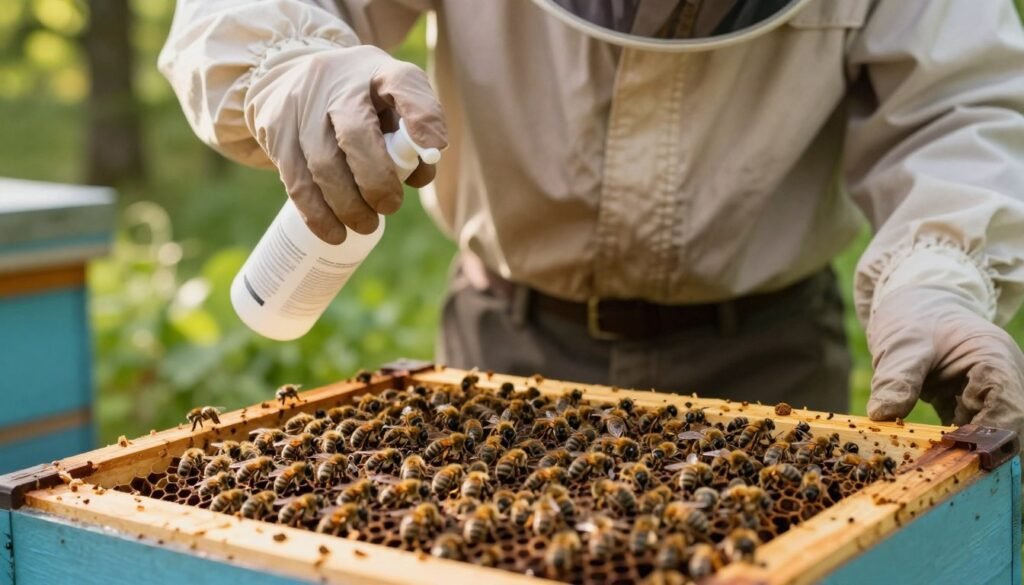 A highly detailed close-up image of an apiary environment, focusing on a beekeeper in professional attire, carefully applying bio-pesticides to frames of capped brood in a beehive. The foreground features a frame filled with bees, showcasing signs of Varroa mite infestation. In the middle, the beekeeper holds a spray bottle with a label visible but no text, highlighting safety protocols. The background reveals lush green foliage and soft natural sunlight filtering through the trees, creating a serene atmosphere. The image should have a warm color palette, emphasizing the importance of sustainable mite control treatments. Capture a shallow depth of field to draw attention to the treatment process, portraying a sense of care and responsibility.