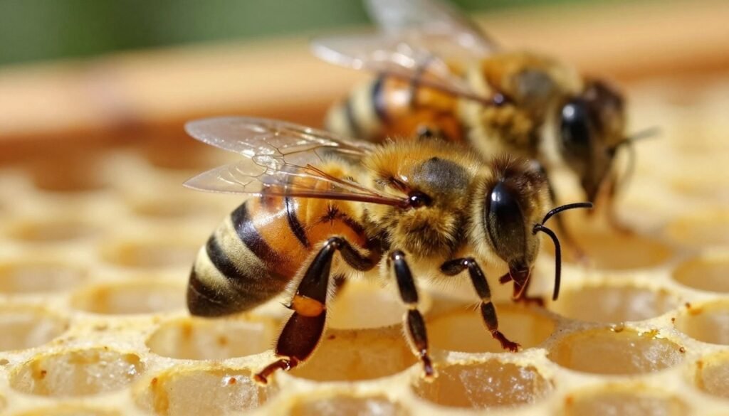 A highly detailed close-up image of varroa mites, showcasing their distinct oval shape, multi-segmented bodies, and eight legs, positioned on a honeybee. The foreground focuses on the mites, illustrating their texture and minute details, while the honeybee serves as a contrasting background element, slightly blurred to emphasize the mites. In the middle ground, an abstract representation of a beehive is subtly visible, with soft golden honeycomb patterns. The background features a natural outdoor environment, bathed in warm, late summer sunlight, casting soft shadows. The overall mood is serious yet enlightening, highlighting the importance of understanding these pests for effective late summer bee management. A macro lens perspective gives a striking view of the mites, while maintaining a clear and informative aesthetic. A highly detailed close-up image of varroa mites, showcasing their distinct oval shape, multi-segmented bodies, and eight legs, positioned on a honeybee. The foreground focuses on the mites, illustrating their texture and minute details, while the honeybee serves as a contrasting background element, slightly blurred to emphasize the mites. In the middle ground, an abstract representation of a beehive is subtly visible, with soft golden honeycomb patterns. The background features a natural outdoor environment, bathed in warm, late summer sunlight, casting soft shadows. The overall mood is serious yet enlightening, highlighting the importance of understanding these pests for effective late summer bee management. A macro lens perspective gives a striking view of the mites, while maintaining a clear and informative aesthetic.