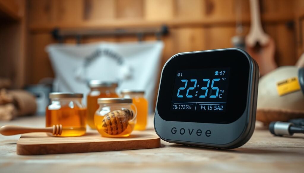 A highly detailed close-up of a Govee Bluetooth thermometer sensor, showcasing its sleek, modern design and digital display. The foreground features the thermometer prominently, displaying real-time temperature and humidity readings in an engaging manner. In the middle ground, arrange a few props used in a honey room, such as honey jars and beekeeping tools, subtly hinting at the context without overwhelming the focus on the thermometer. The background should include a calming and softly lit honey room setting, with warm wood tones and hints of natural beeswax, to create an inviting atmosphere. Use soft, diffused lighting to emphasize the device’s features, with a shallow depth of field to keep the thermometer sharp and the background slightly blurred, enhancing the focus on its capabilities.