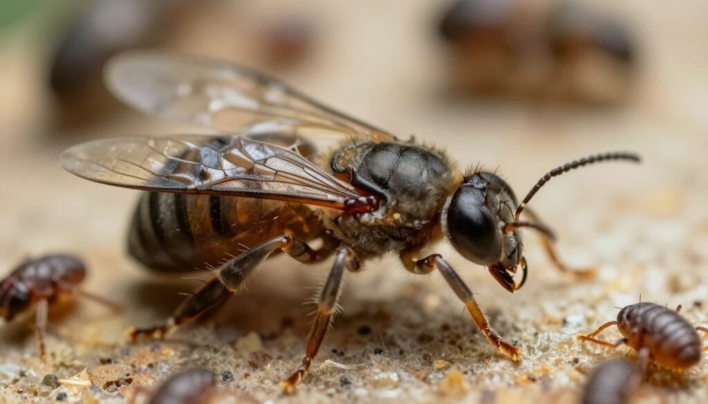 A highly detailed close-up of a Varroa destructor mite, showcasing its distinctive hexagonal shape and numerous bristles, set against a blurred natural background that hints at a beehive environment. The foreground features the mite magnified, emphasizing its intricate body structure and piercing mouthparts, while soft lighting casts gentle shadows to enhance texture. In the middle, a few deformed bee wings or comb sections illustrate the impact of the mite, subtly conveying the challenge of secondary infections. The background is softly focused, with muted colors of a hive to maintain attention on the mite. The overall mood is serious and scientific, reflecting the urgent need for effective management of these pests. Include a slight depth of field to further emphasize the mite in the foreground.