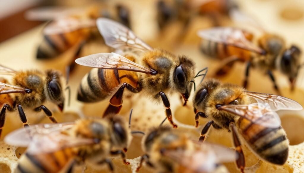 A highly detailed close-up of a group of varroa mites crawling on a honeybee's abdomen, showcasing their distinctive oval shape and fine hairs. The foreground captures the intricate details of the mites, with a glossy texture, accentuated under soft, natural sunlight to create a warm glow. The middle ground features the bee with its fuzzy body and wings, illustrating the relationship between the parasite and its host. In the background, a blurred hive setting hints at the bees' environment, bathed in golden tones to evoke a sense of warmth and life. The composition is shot from a slightly elevated angle, allowing viewers to connect with the striking details of the mites while conveying the seriousness of their impact on bee health. The overall mood is educational and insightful, highlighting the importance of understanding parasitic issues in bee colonies. A highly detailed close-up of a group of varroa mites crawling on a honeybee's abdomen, showcasing their distinctive oval shape and fine hairs. The foreground captures the intricate details of the mites, with a glossy texture, accentuated under soft, natural sunlight to create a warm glow. The middle ground features the bee with its fuzzy body and wings, illustrating the relationship between the parasite and its host. In the background, a blurred hive setting hints at the bees' environment, bathed in golden tones to evoke a sense of warmth and life. The composition is shot from a slightly elevated angle, allowing viewers to connect with the striking details of the mites while conveying the seriousness of their impact on bee health. The overall mood is educational and insightful, highlighting the importance of understanding parasitic issues in bee colonies.