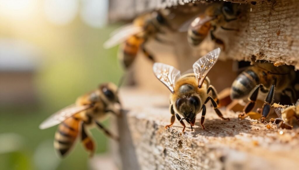 A highly detailed close-up of a tracheal mite, emphasizing its intricate anatomy and tiny size, set against a soft-focus background of honeybee hives in an apiary. The foreground showcases the mite perched on a bee's thorax, displaying its eight legs and oval shape with clear segmentation, highlighting its translucent body. In the middle ground, blurred bees tend to their hive, reflecting a busy, natural ecosystem, while in the background, the sun casts a warm golden light through leaves, creating a tranquil afternoon atmosphere. Use a macro lens effect to capture the fine details of the mite, ensuring the lighting enhances its subtle textures. The mood is both informative and serene, emphasizing the importance of understanding these tiny pests in beekeeping practices.