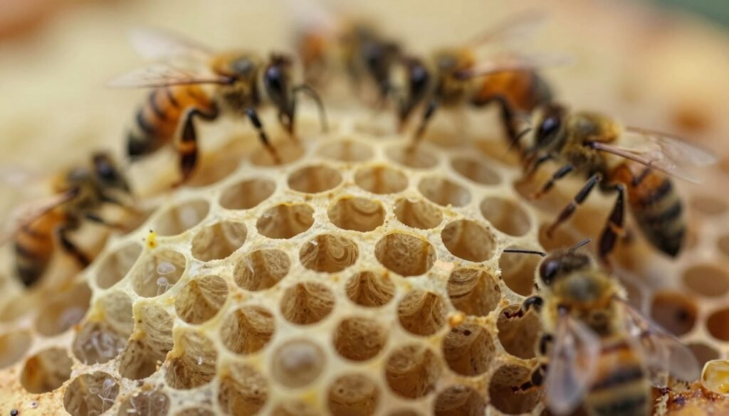 A highly detailed close-up of an artificial supersedure queen cell, showcasing the intricate structure and design. In the foreground, focus on the queen cell itself, displaying its waxy texture and oval shape, with delicate features and subtle variations in color from pale yellow to deep amber. The middle ground features a few worker bees delicately tending to the cell, their fuzzy bodies accentuating the importance of teamwork. In the background, a blurred hive environment gives context, with soft, warm lighting creating a calm and focused atmosphere. Capture this scene with a macro lens perspective to enhance the fine details, delivering a sense of immersion and realism, symbolizing the advanced strategies in artificial supersedure.