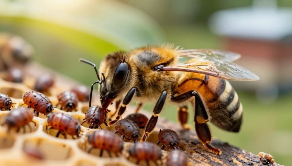 A highly detailed close-up of varroa mites clinging to a honeybee, emphasizing their unique shape and texture. The foreground showcases the mites in sharp focus, revealing their reddish-brown bodies and distinctive leg structures. In the middle ground, the honeybee is depicted with its fuzzy yellow and black body, demonstrating the host-parasite relationship. The background features a blurred apiary setting with gentle sunlight filtering through green leaves, creating a warm and natural environment. The lighting is soft but clear, highlighting the details of the mites and bee. The overall mood conveys a sense of urgency in monitoring these pests, underscoring their impact on bee health and the importance of apiary management.