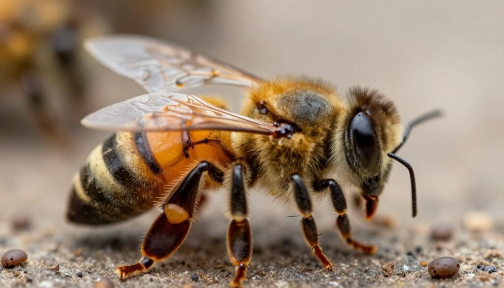 A highly detailed close-up of varroa mites on a honeybee's abdomen, showcasing the intricate features of the parasites with sharp focus. The foreground should display the mites with vivid detailing of their oval bodies and hairy limbs, creating a sense of scale and realism. In the middle ground, a honeybee in natural colors is visible, illustrating the host in a state of distress due to the infestation. The background should be softly blurred to emphasize the subjects in the foreground, representing a natural beehive environment with muted earth tones. Soft, diffused lighting highlights the textures and provides a clinical yet informative atmosphere, suggesting the importance of managing health in beehives. The composition should evoke a sense of urgency in the fight against internal parasites.