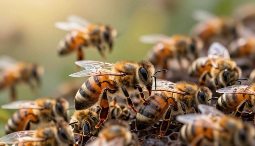 A highly detailed close-up of varroa mites on a honeybee's back, showcasing their distinctive oval shape, fine hair-like structures, and microscopic features against the textured surface of bee fur. The foreground displays the mites in sharp focus, revealing intricate markings and subtle color variations. In the middle ground, a cluster of bees is visible, some flying and others resting, emphasizing the mite infestation. The background is softly blurred, hinting at a bee colony within a vibrant apiary, with warm natural lighting filtering through the scene, suggesting a late afternoon. The atmosphere conveys a sense of urgency and resilience, reflecting the ongoing battle against mite resistance in bee genetics. A highly detailed close-up of varroa mites on a honeybee's back, showcasing their distinctive oval shape, fine hair-like structures, and microscopic features against the textured surface of bee fur. The foreground displays the mites in sharp focus, revealing intricate markings and subtle color variations. In the middle ground, a cluster of bees is visible, some flying and others resting, emphasizing the mite infestation. The background is softly blurred, hinting at a bee colony within a vibrant apiary, with warm natural lighting filtering through the scene, suggesting a late afternoon. The atmosphere conveys a sense of urgency and resilience, reflecting the ongoing battle against mite resistance in bee genetics.