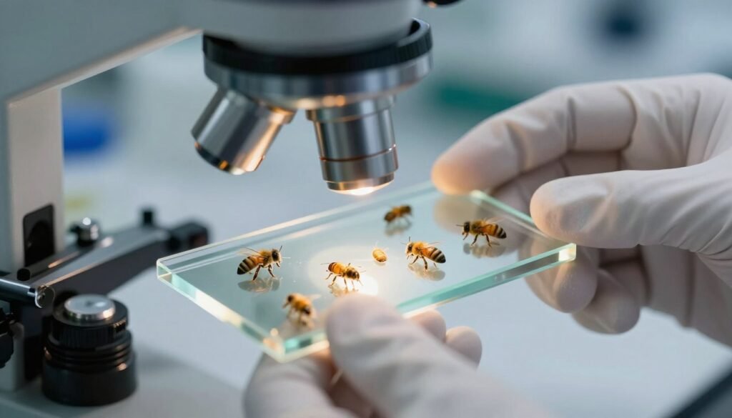 A highly detailed close-up view of a Varroa mite sample under a microscope, showcasing the mites in various stages of life on a beekeeper's glass slide. Foreground: A focused lens captures individual mites with intricate textures and details, illuminated by soft, warm lighting to highlight their forms. Middle ground: A hand, clad in white gloves, gently holds the slide, indicating careful examination. Background: Blurred outlines of a modern, sterile laboratory environment with bee research tools placed neatly, creating an atmosphere of professionalism. The entire image conveys the importance of meticulous monitoring for bee colony health, with a focus on clarity and precision, merging scientific investigation with a sense of urgency for hive sustainability.