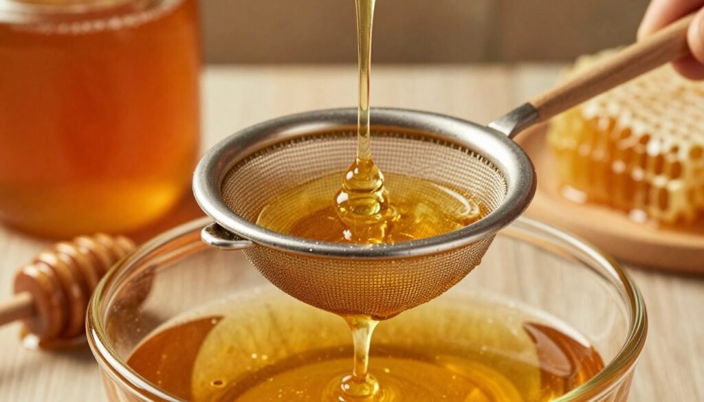 A highly detailed gravity-fed straining system for honey, showcasing the honey gate strainer as the focal point. In the foreground, the strainer is glistening with honey, featuring fine mesh and a robust handle, surrounded by dripping golden honey. The middle ground includes a partially filled container catching the strained honey, with a wooden honey dipper resting nearby. The background features soft, warm lighting that highlights the richness of the honey and creates a cozy atmosphere, reminiscent of a home kitchen. A slight depth of field effect blurs the edges to focus on the straining process, with honeycomb patterns subtly visible in the background. The overall mood is warm and inviting, emphasizing the importance of effective straining techniques in honey production. A highly detailed gravity-fed straining system for honey, showcasing the honey gate strainer as the focal point. In the foreground, the strainer is glistening with honey, featuring fine mesh and a robust handle, surrounded by dripping golden honey. The middle ground includes a partially filled container catching the strained honey, with a wooden honey dipper resting nearby. The background features soft, warm lighting that highlights the richness of the honey and creates a cozy atmosphere, reminiscent of a home kitchen. A slight depth of field effect blurs the edges to focus on the straining process, with honeycomb patterns subtly visible in the background. The overall mood is warm and inviting, emphasizing the importance of effective straining techniques in honey production.