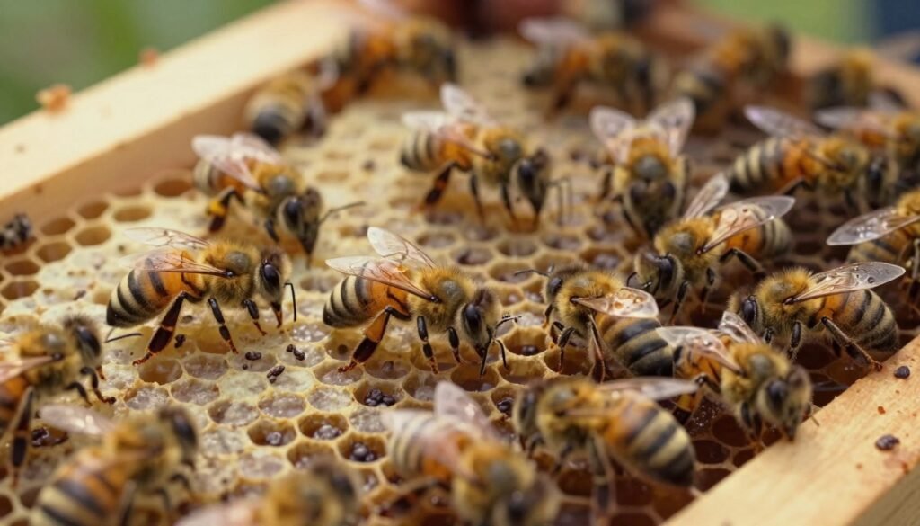 A highly detailed illustration of a honeybee brood frame showcasing the distinct patterns associated with parasitic mite syndrome. In the foreground, focus on several honeybee larvae displaying a patchy, uneven coloration, highlighting the tell-tale signs of distress caused by mites. The middle ground features a close-up of bees working diligently around the brood cells, their bodies partially obscured by the cell structures. The background should depict a beekeeping environment, soft natural light filtering through a honeycomb, suggesting a warm, yet concerning atmosphere. Use a shallow depth of field to accentuate the brood pattern while slightly blurring the surroundings. The mood should evoke a sense of urgency and awareness, illustrating the importance of identifying health issues within a bee colony.