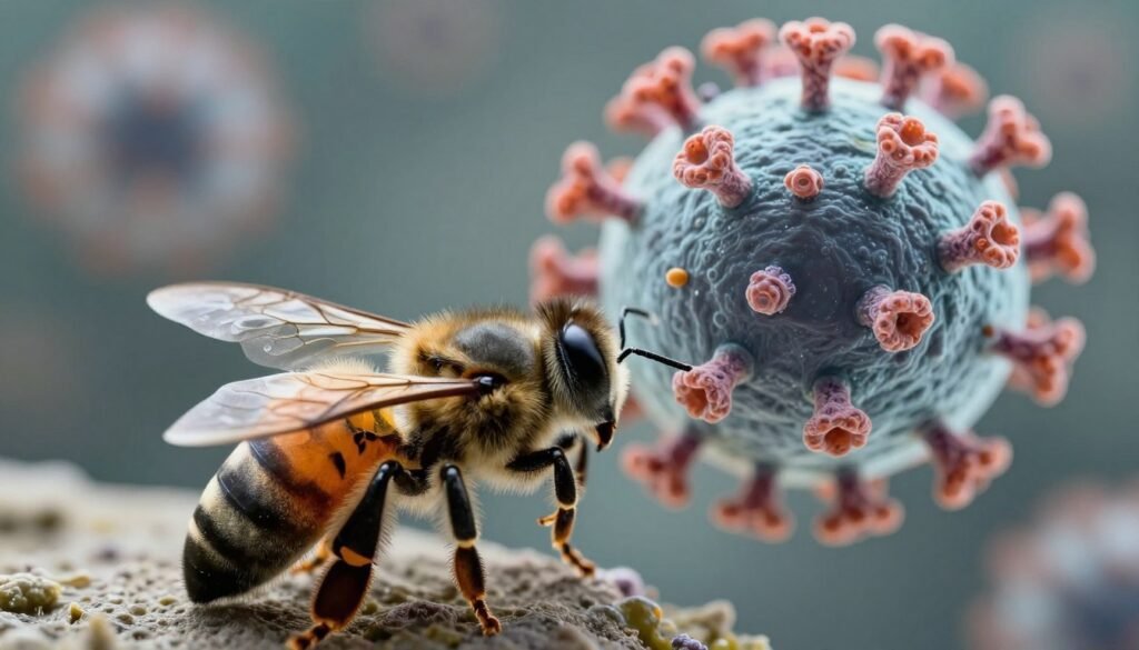 A highly detailed macro shot of a honeybee affected by the bee paralysis virus, positioned in the foreground. The bee appears shiny and black, showcasing the effects of the virus, with visible patterns on its wings and body that hint at the disease. In the middle ground, display a microscopic view of the virus structure, represented as abstract shapes and colors, exploring the contrast between normal bees and infected ones. The background should feature a softly blurred natural setting, conveying a sense of urgency and research. Use soft, diffused lighting to create a clinical atmosphere, highlighting the biological details and textures. The image should evoke a mood of scientific inquiry and concern, reflecting current research methodologies in entomology.