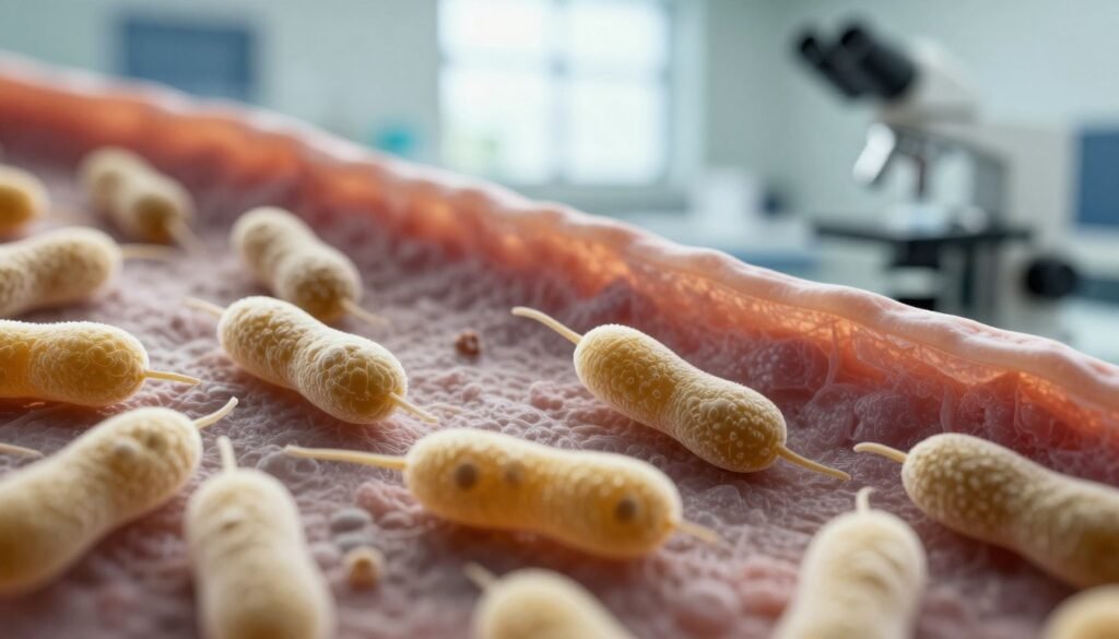 A highly detailed microscopic view of nosema spores, depicted in a vibrant and scientifically accurate style. In the foreground, show distinct nosema spores with their characteristic oval shapes and internal structures, magnified for clarity. The middle ground should feature a blurred bee gut lining, providing context for the spores' environment. In the background, include subtle hints of a laboratory setting with equipment like microscopes, enhancing the scientific atmosphere. The lighting should be soft yet focused, emulating natural daylight filtering through a lab window, casting gentle shadows to create depth. Capture a mood of curiosity and precision, suitable for educational purposes. The image should be clear, sharp, and devoid of any text or markings.