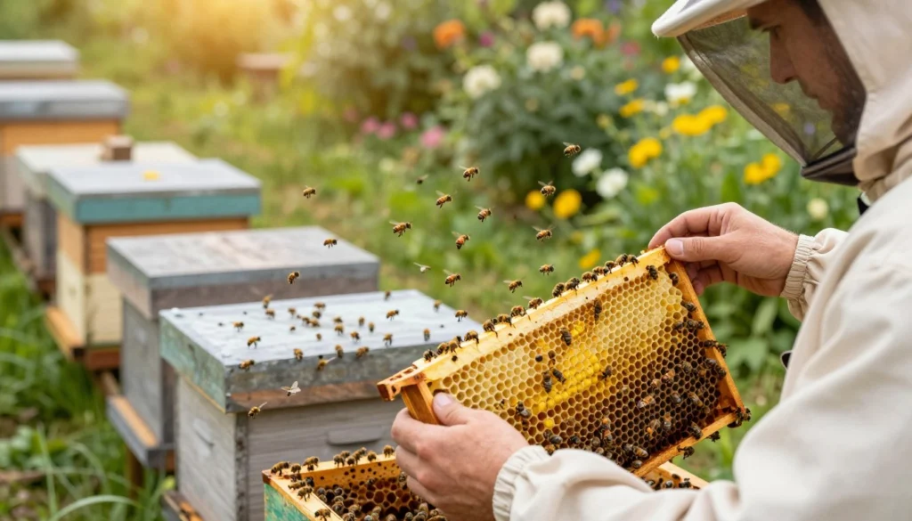 A highly detailed scene depicting a beekeeper in professional attire, carefully inspecting a mating nuc colony. In the foreground, the beekeeper holds a frame filled with queen cells, showing vibrant, healthy larvae. The middle ground features several mating nucs arranged neatly, with bees actively flying around, showcasing the vibrant activity of the hive. The background displays a lush green garden setting with blooming flowers, adding a touch of natural beauty. Soft sunlight filters through the leaves, creating a warm, inviting atmosphere, while the perspective is captured at eye level for an immersive view. The colors are rich and vivid, emphasizing the life cycle of the queen bees in a harmonious outdoor environment. A highly detailed scene depicting a beekeeper in professional attire, carefully inspecting a mating nuc colony