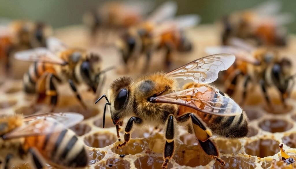 A highly detailed scientific illustration of a deformed wing virus affecting honeybee wings. In the foreground, focus on a close-up view of a honeybee with visibly distorted wings, displaying irregular shapes and colors. In the middle layer, depict a few more bees affected by the virus, showcasing a variety of wing deformities and unhealthy appearances. The background should illustrate a natural hive environment, with muted colors of honeycomb and soft, diffused lighting to convey a serious tone. Use macro photography style, with a shallow depth of field to emphasize the bees in the foreground, while preserving a slightly blurred hive background. The overall atmosphere should reflect urgency and concern regarding the impact of the virus on bee populations, suitable for scientific evaluation.