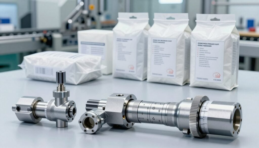 A highly detailed, technical illustration showcasing the optimal entrance reducer setting for new packages. In the foreground, highlight a close-up of various adjustable reducer settings, with clear indicators and calibration marks, capturing intricate adjustments. The middle ground features an array of newly packaged products, elegantly displayed with visible dimensions and clear packaging types. The background should consist of a soft-focus factory setting, hinting at machinery and conveyor belts but not detracting from the main subject. Utilize cool fluorescent lighting to highlight the metallic surfaces of the reducer settings, with a slight reflection to suggest precision. The overall mood should be professional and informative, conveying a sense of modern industrial efficiency and attention to detail.